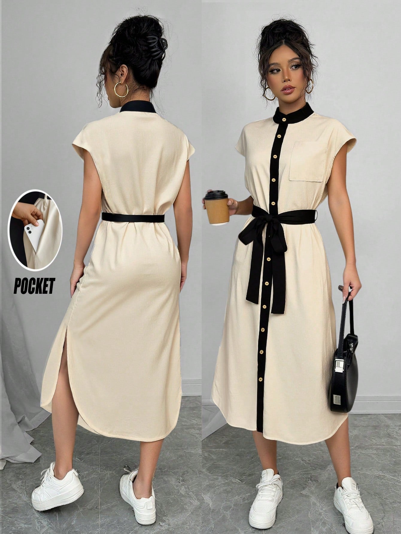 MIU French-Style prugasti Color-Block Shirt Dress With Cinched Waist And Button Front, All-Match Maxi Ženska outfit