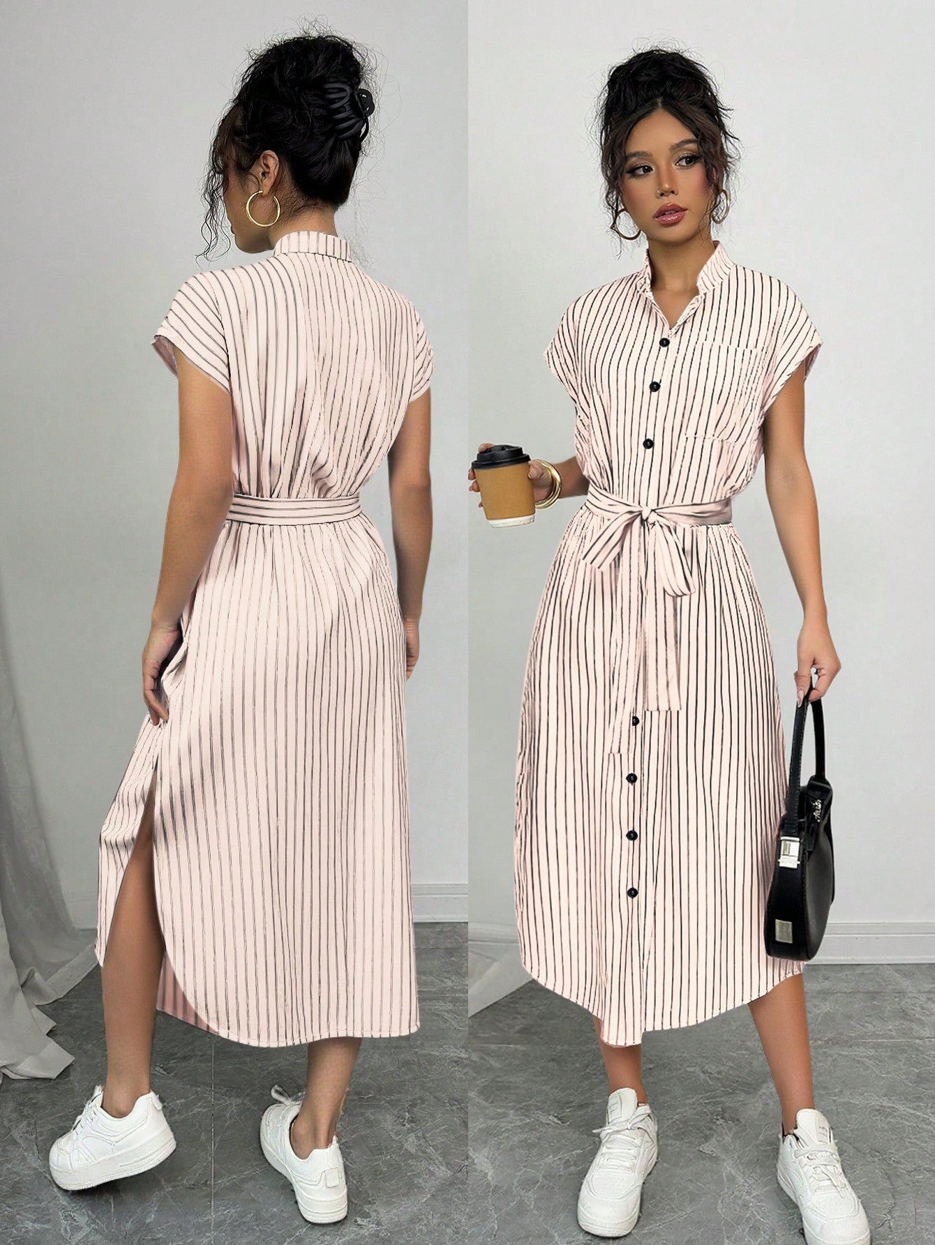 MIU French-Style prugasti Color-Block Shirt Dress With Cinched Waist And Button Front, All-Match Maxi Ženska outfit