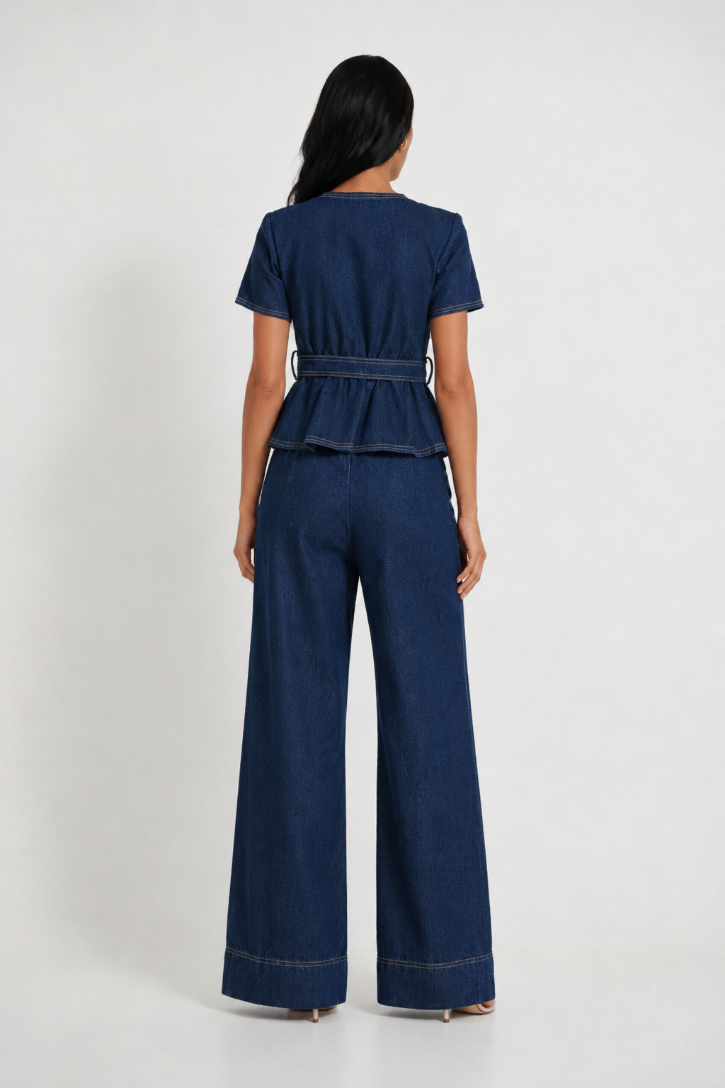 Ženski Proljetni/Ljetni Novi Modni Denim Set, Kratki Top s Ruffles i Visoki Struk Široke Hlače