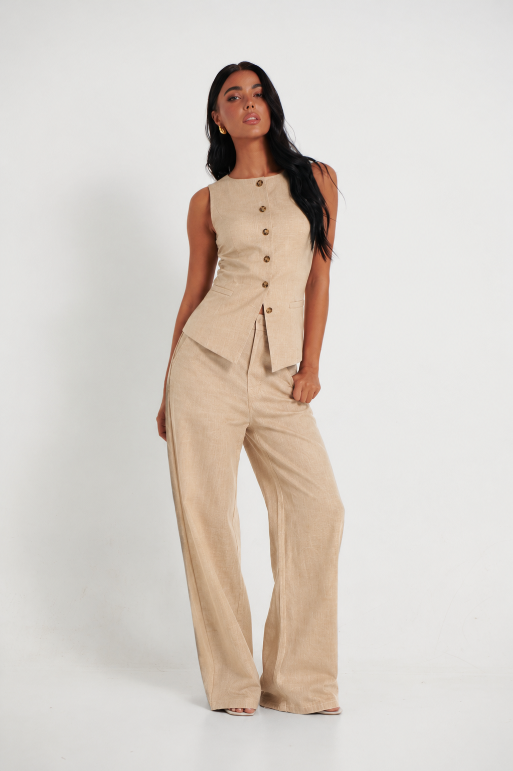 Ženski Elegantni Bež Laneni Pantalon i Prsluk Set, Ljetna Radna Oprema za Kancelariju 2 Komada