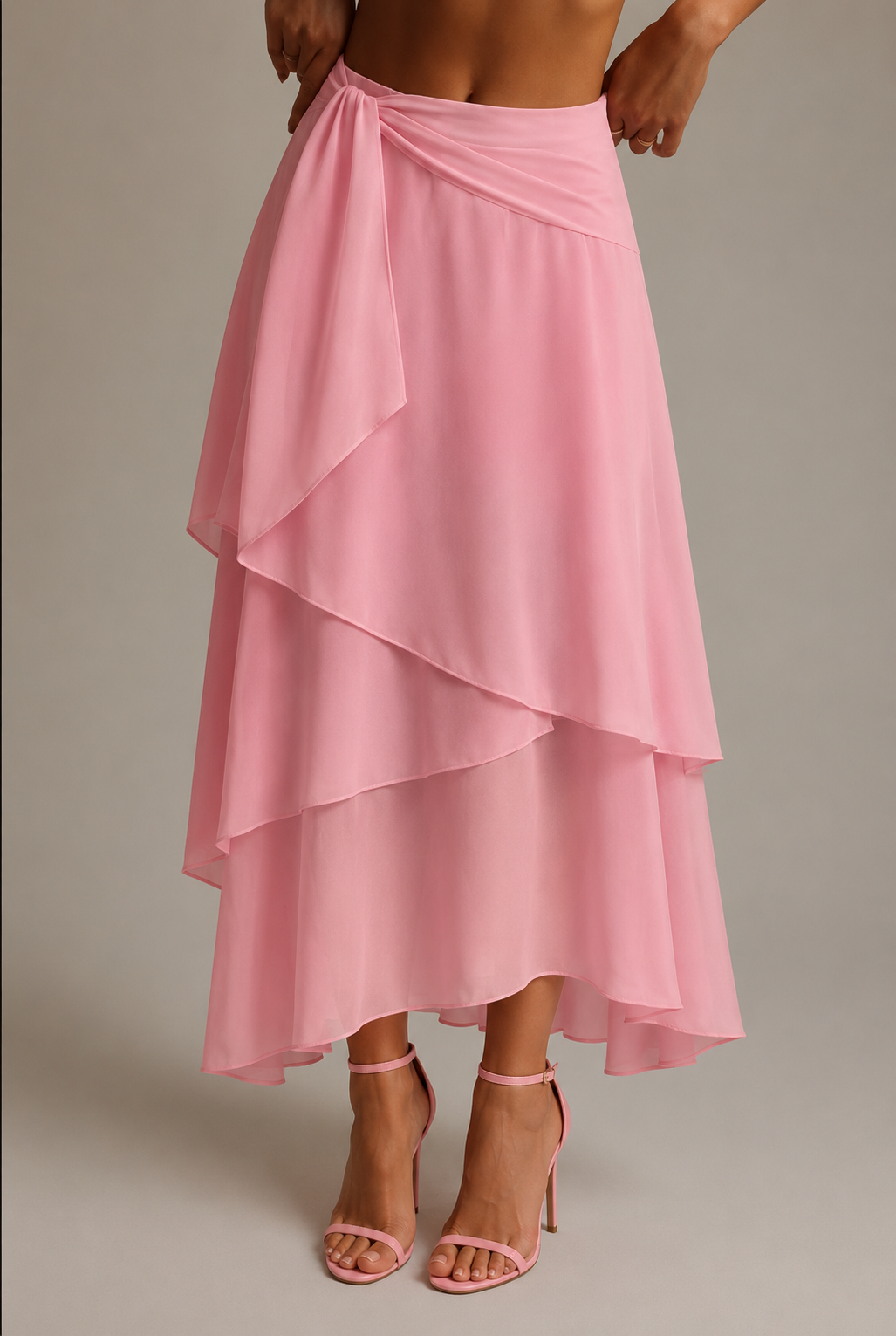Elegantna Roza Suknja sa Prednjim Kavezom, Asimetrična Slojna Chiffon Suknja