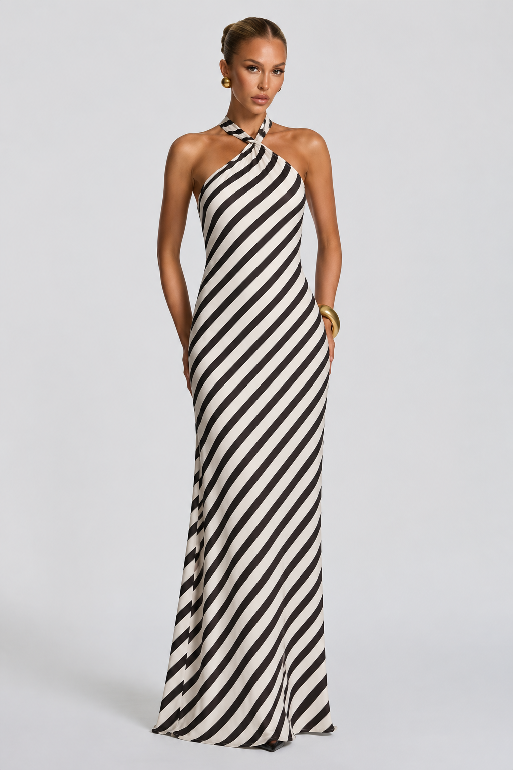 Halter Maxi Haljina sa Dijagonalnim Prugama i Otvorenim Leđima