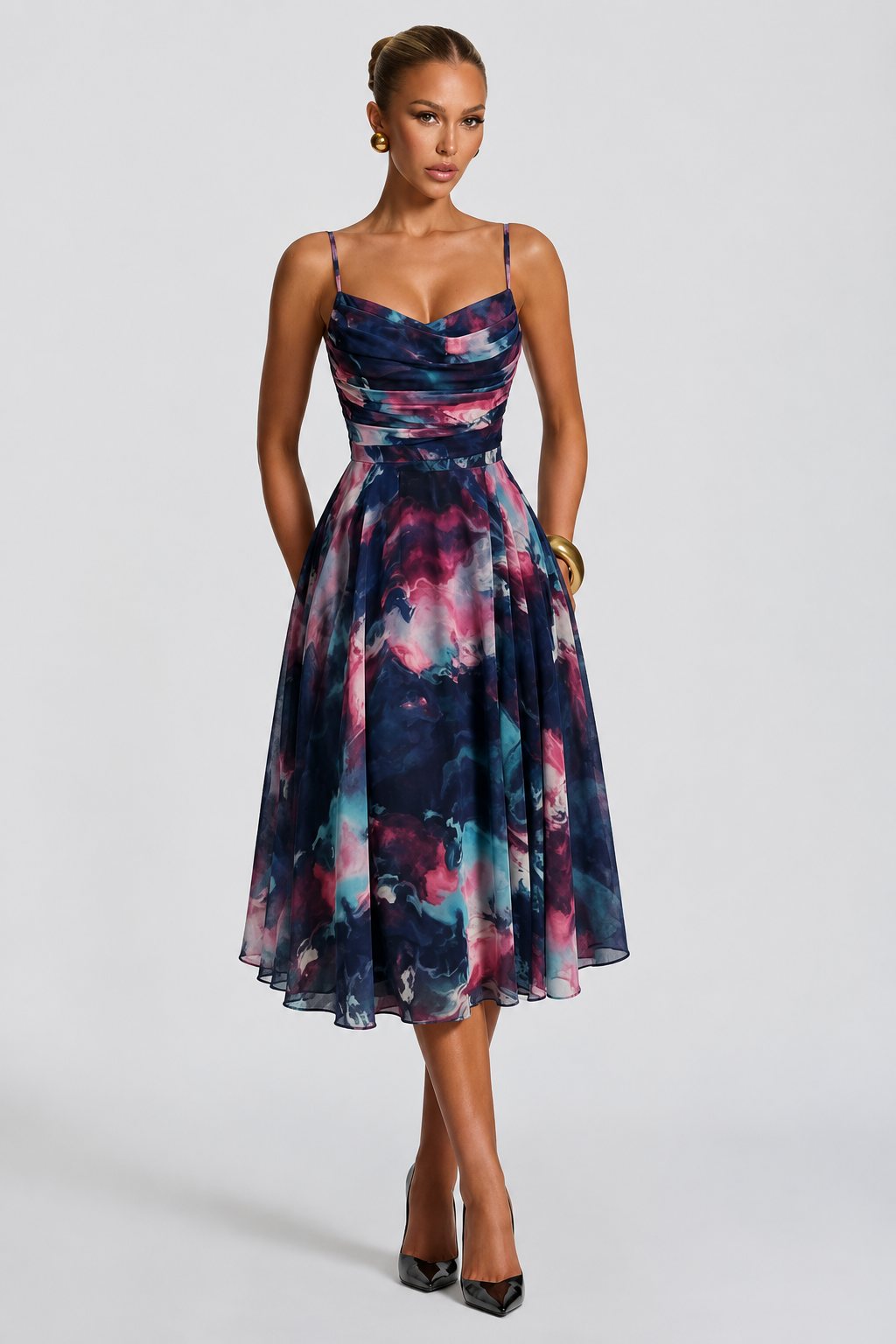 Ženska Ombre Print Ruched A-Linija Sans Rukava Midi Haljina