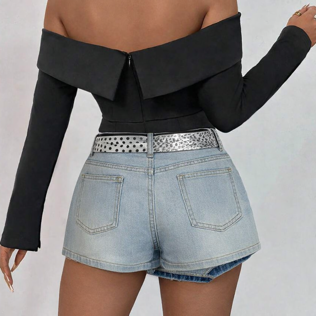 MOD Ženske Kratke Farmerke Sa Asimetričnom Panturom I Bočnim Džepovima