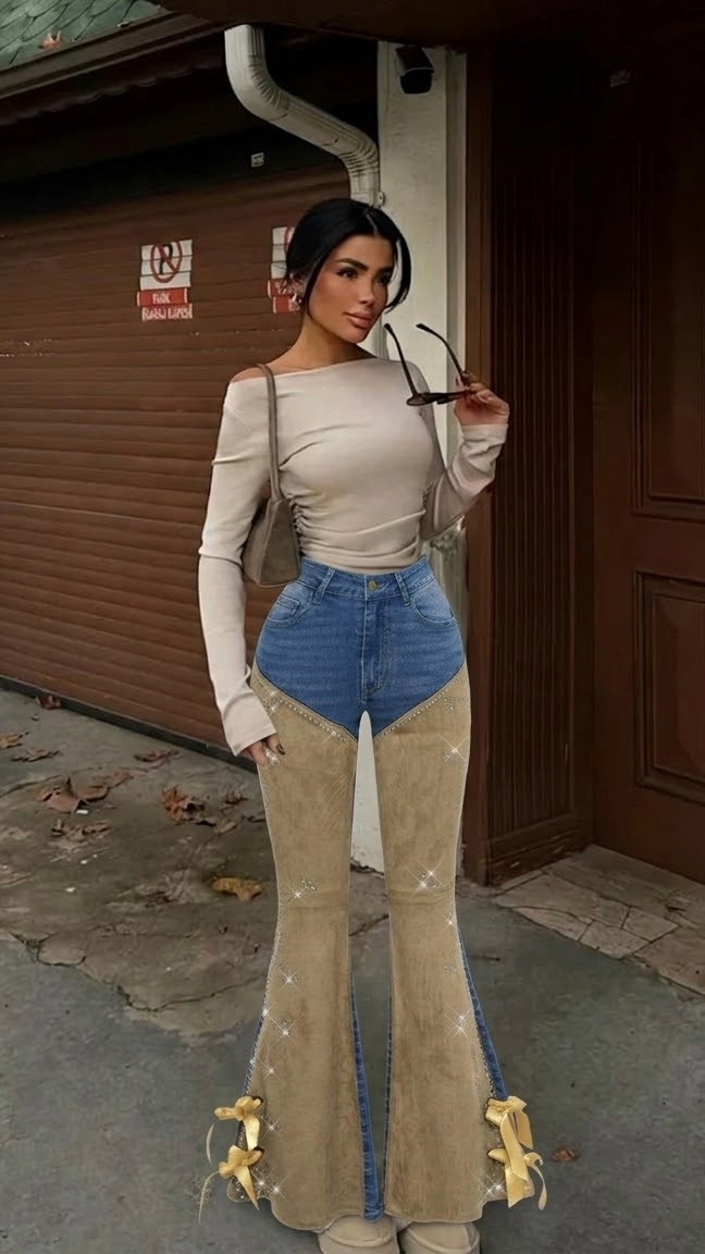 ROMWE Hipijevski Zapadni Cowboy Suede Patchwork Oštećeni Retro Ženski Flare Niske Struk Jeans