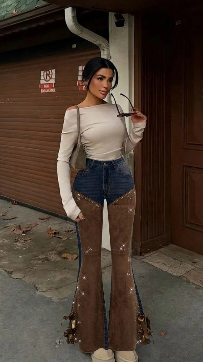 ROMWE Hipijevski Zapadni Cowboy Suede Patchwork Oštećeni Retro Ženski Flare Niske Struk Jeans