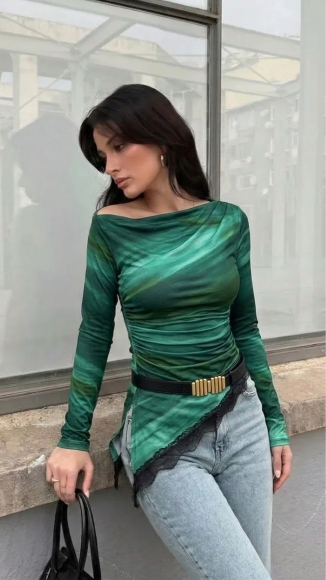 EMERY ROSE Asimetrična Ružna Duga Rukava Majica u Marbling Ombre Printu za Proljeće