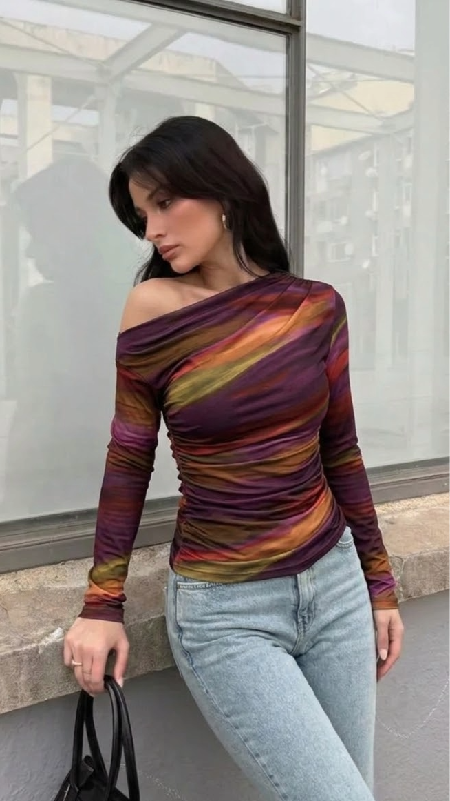 EMERY ROSE Asimetrična Ružna Duga Rukava Majica u Marbling Ombre Printu za Proljeće