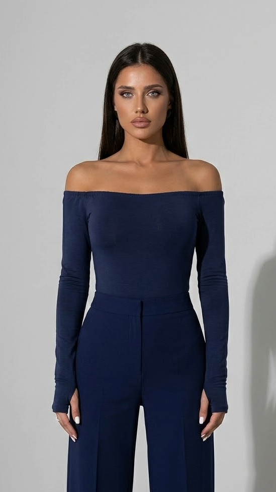 ChicMe Ženski Off-Shoulder Fitted Kombinezon, Dug Rukav T-Košulja Sa Rupama Za Prste, Jednobojni Uređeni Osnovni Ulični Stil Za Kancelariju, Zabavu