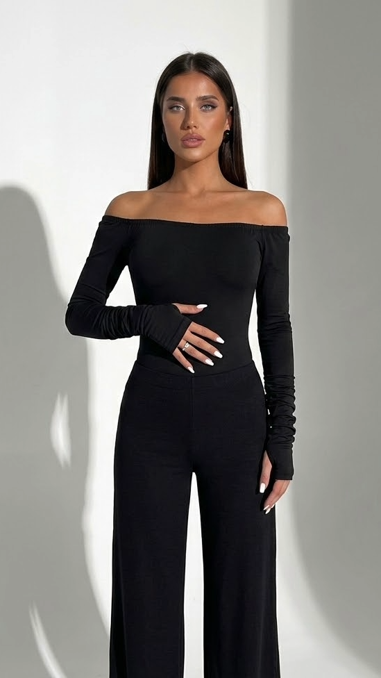 ChicMe Ženski Off-Shoulder Fitted Kombinezon, Dug Rukav T-Košulja Sa Rupama Za Prste, Jednobojni Uređeni Osnovni Ulični Stil Za Kancelariju, Zabavu