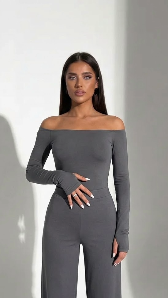 ChicMe Ženski Off-Shoulder Fitted Kombinezon, Dug Rukav T-Košulja Sa Rupama Za Prste, Jednobojni Uređeni Osnovni Ulični Stil Za Kancelariju, Zabavu