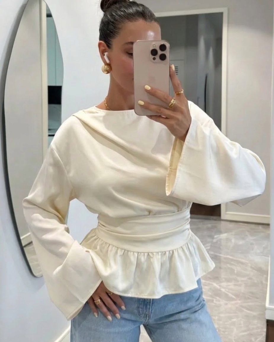 Siren Gaze Ruffled Drape Košulja Dugih Rukava, Bijela Košulja, Crew Neck Pulover Košulja Peplum Bluzica Ruffles Bluzica Kremasta Bluzica Skromna Bluzica Zimska Casual Proljeće