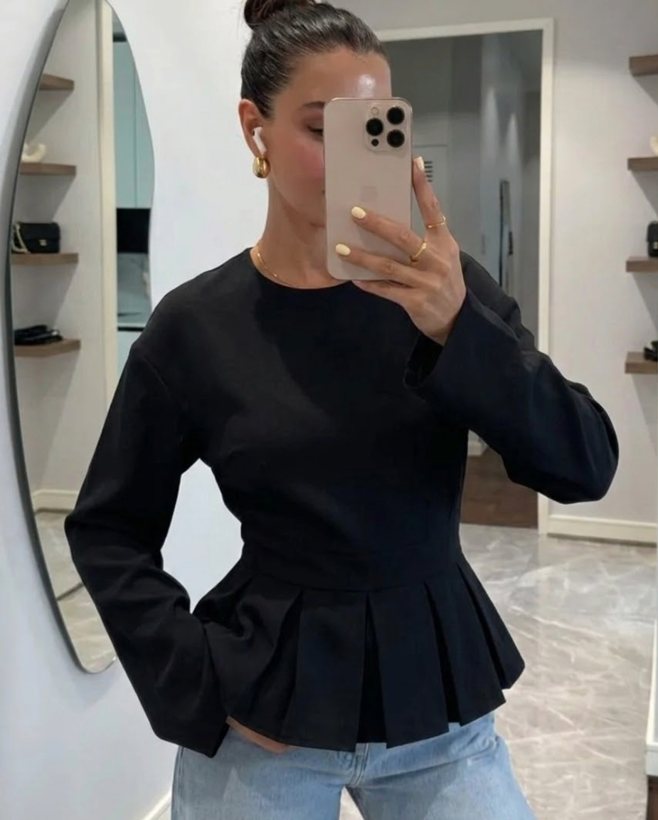 Siren Gaze Ruffled Drape Košulja Dugih Rukava, Bijela Košulja, Crew Neck Pulover Košulja Peplum Bluzica Ruffles Bluzica Kremasta Bluzica Skromna Bluzica Zimska Casual Proljeće