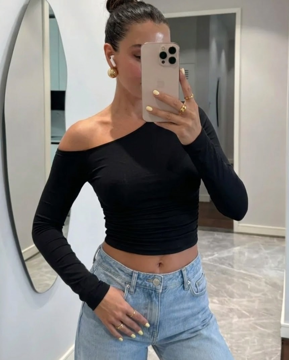 Alexandranx Ženska jesenja minimalistička osnovna svakodnevna odjeća ležerna topla s čučanjom rastegljiva crna bustier asimetrični izrez off shoulder crop majica