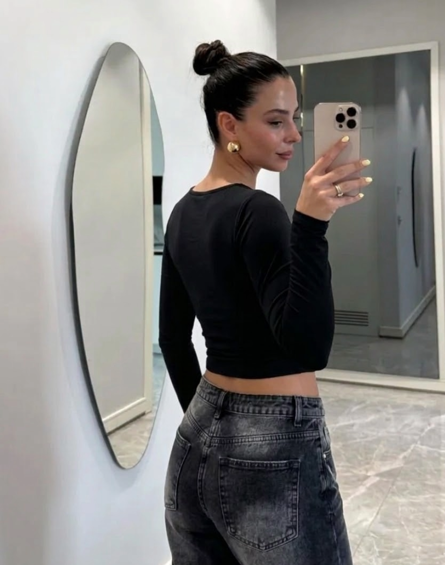 Alexandranx Ženska jesenja minimalistička osnovna svakodnevna odjeća ležerna topla s čučanjom rastegljiva crna bustier asimetrični izrez off shoulder crop majica