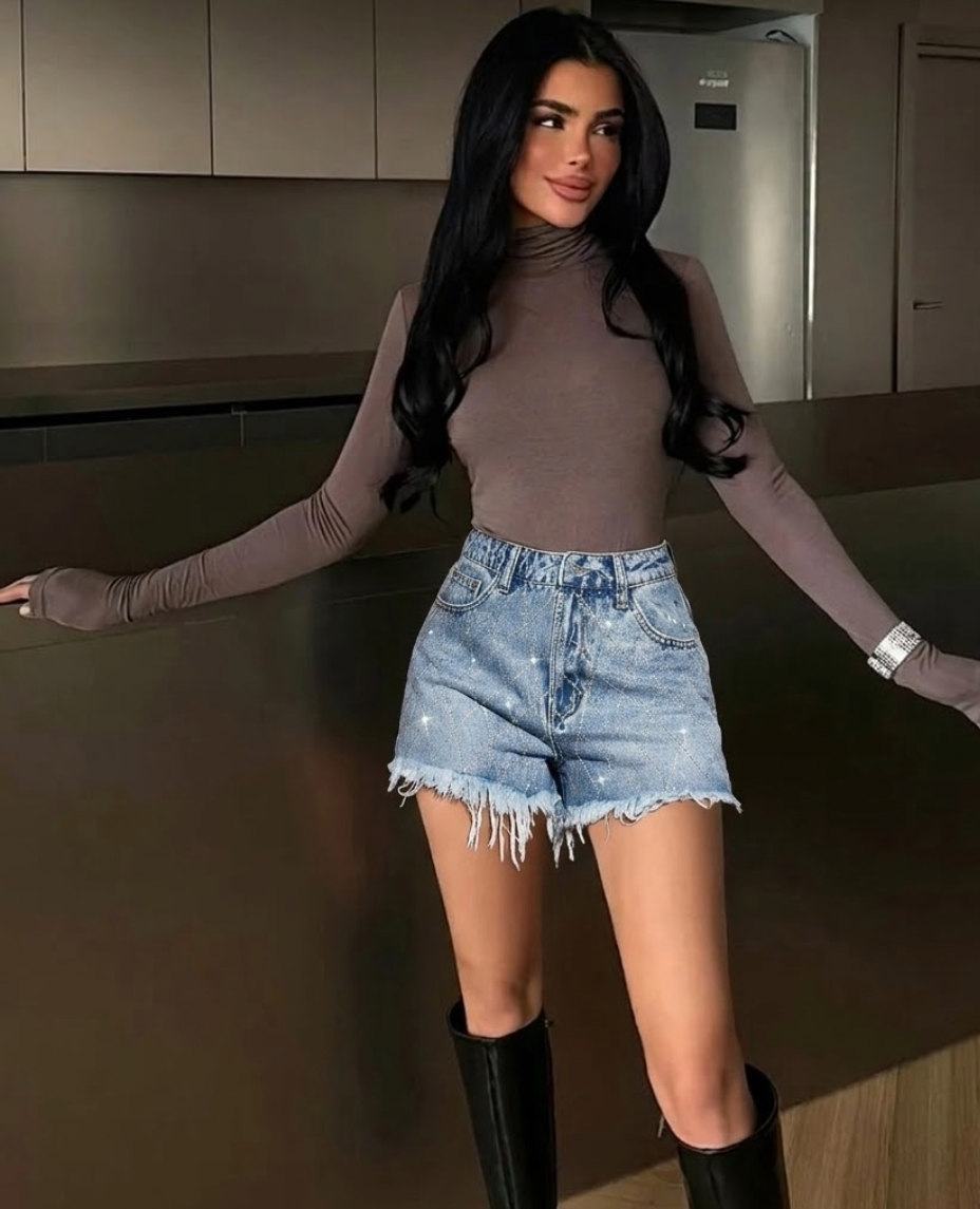 BAE Muzički Festival Plave Pamučne Šorcice sa Kristalićima & Šorcice za Muzički Festival & Ljetna Odjeća & Na Plaži za Žene