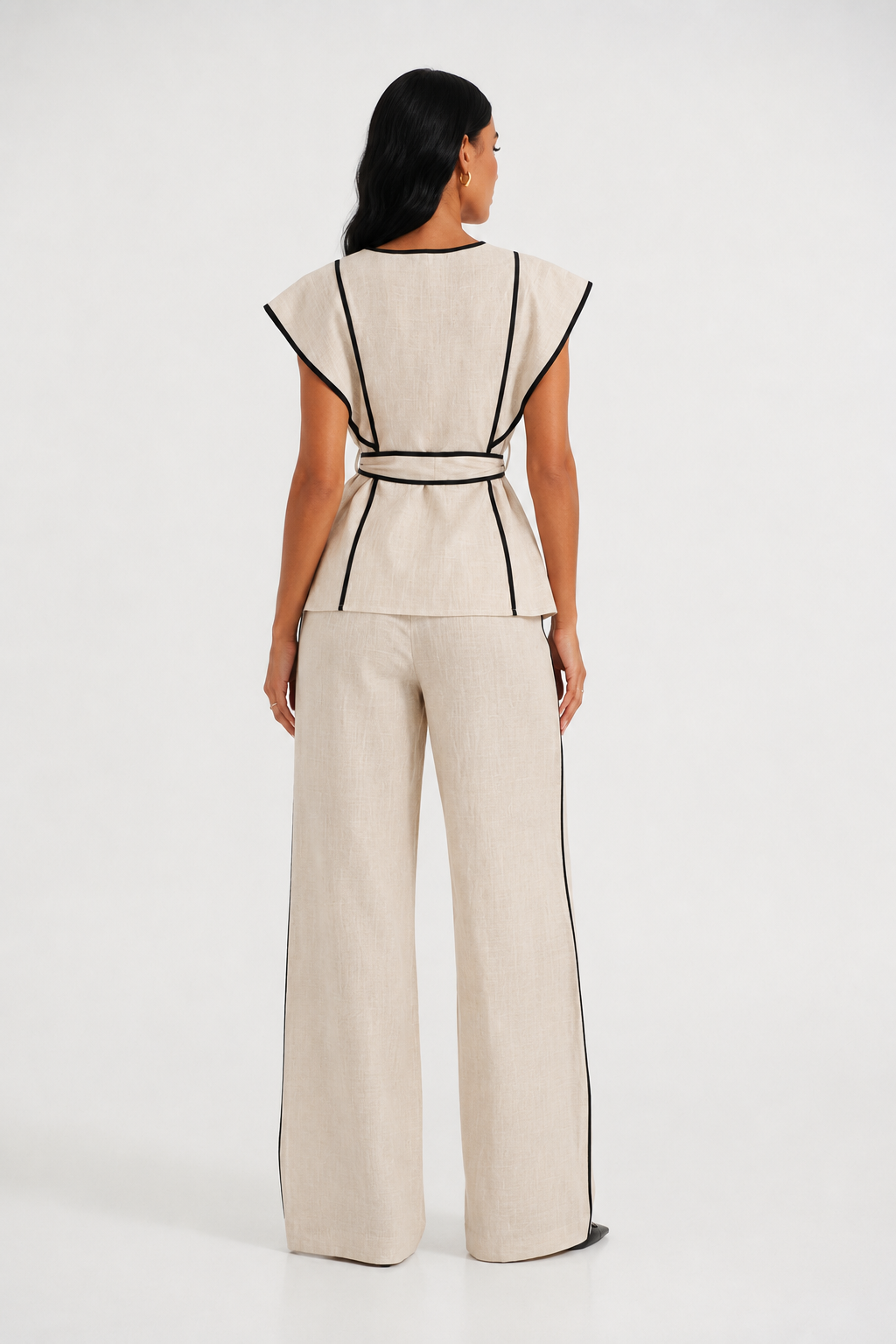 Ženski 100% Pamuk 2 Parčeta Set Elegantan Crni i Bež V-Izrez Ruffles Peplum Top sa Širokim Nogavicom