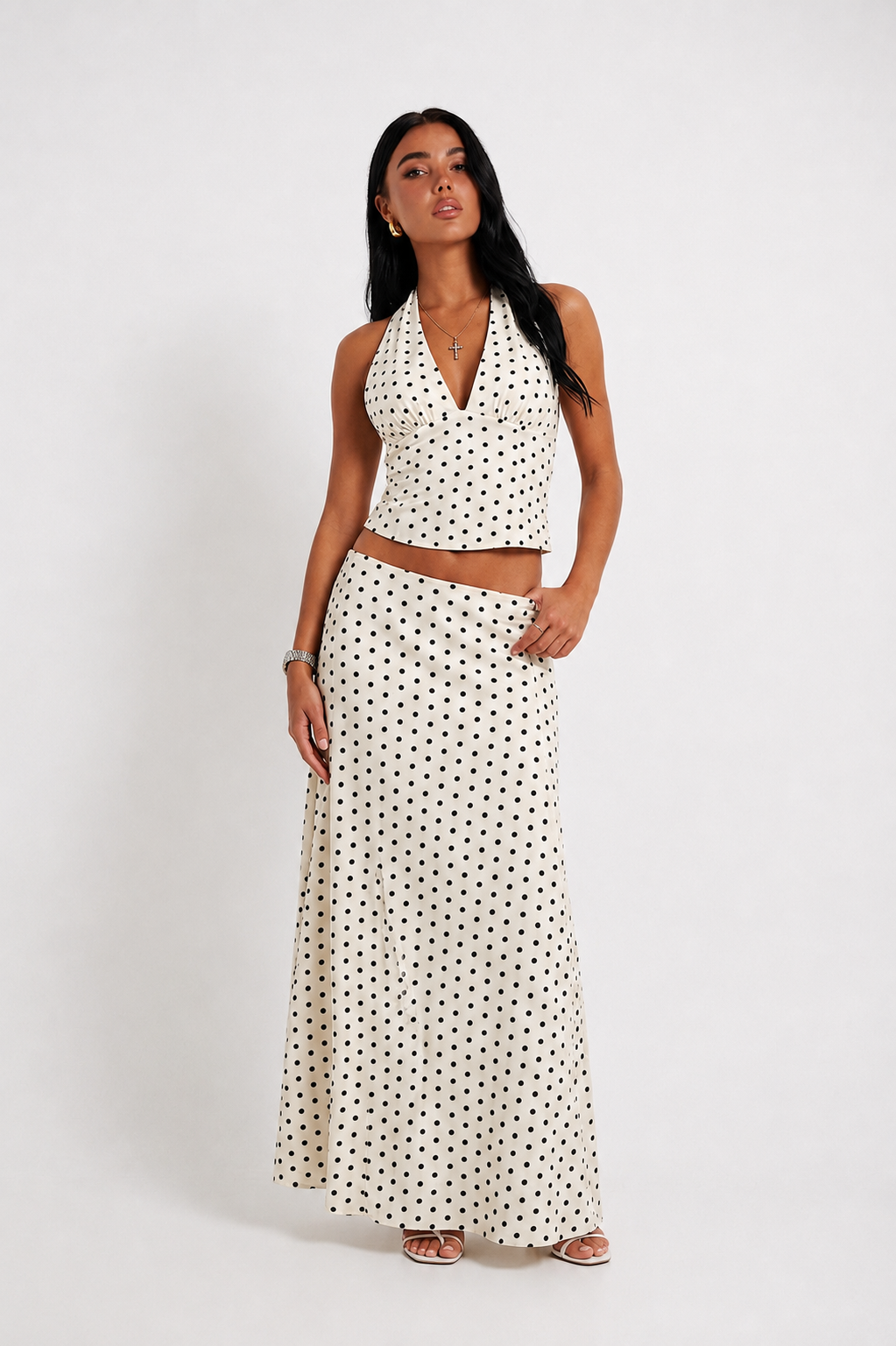 Elegantna Bijela Polka Tačka Top i Duga Suknja Set, Moderna Ljetna Casual 2-Piece