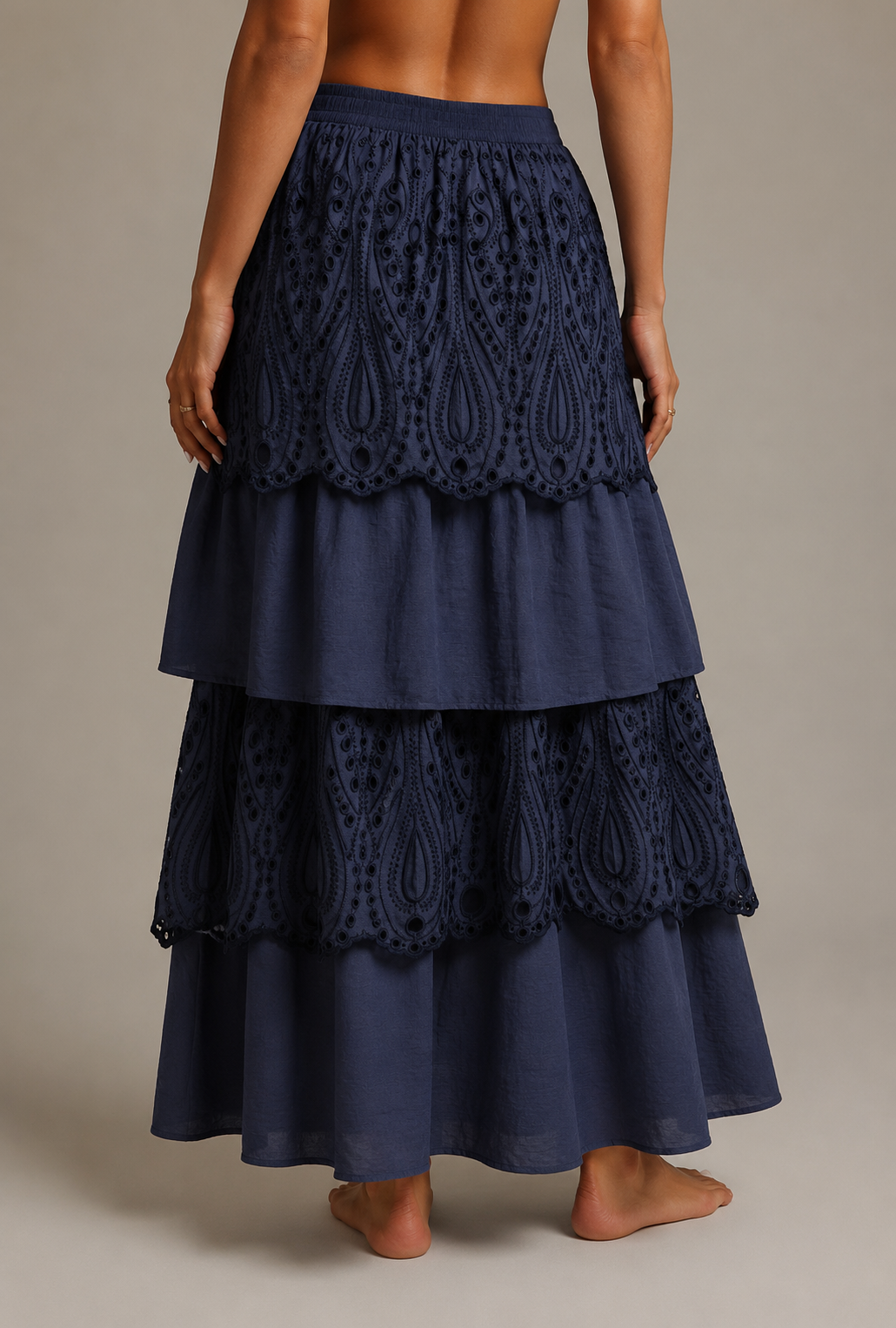 Midnight Blue Tiered Maxi Suknja sa Elastičnom Trakom, Slojeviti Ruffles, Slojevite Panele