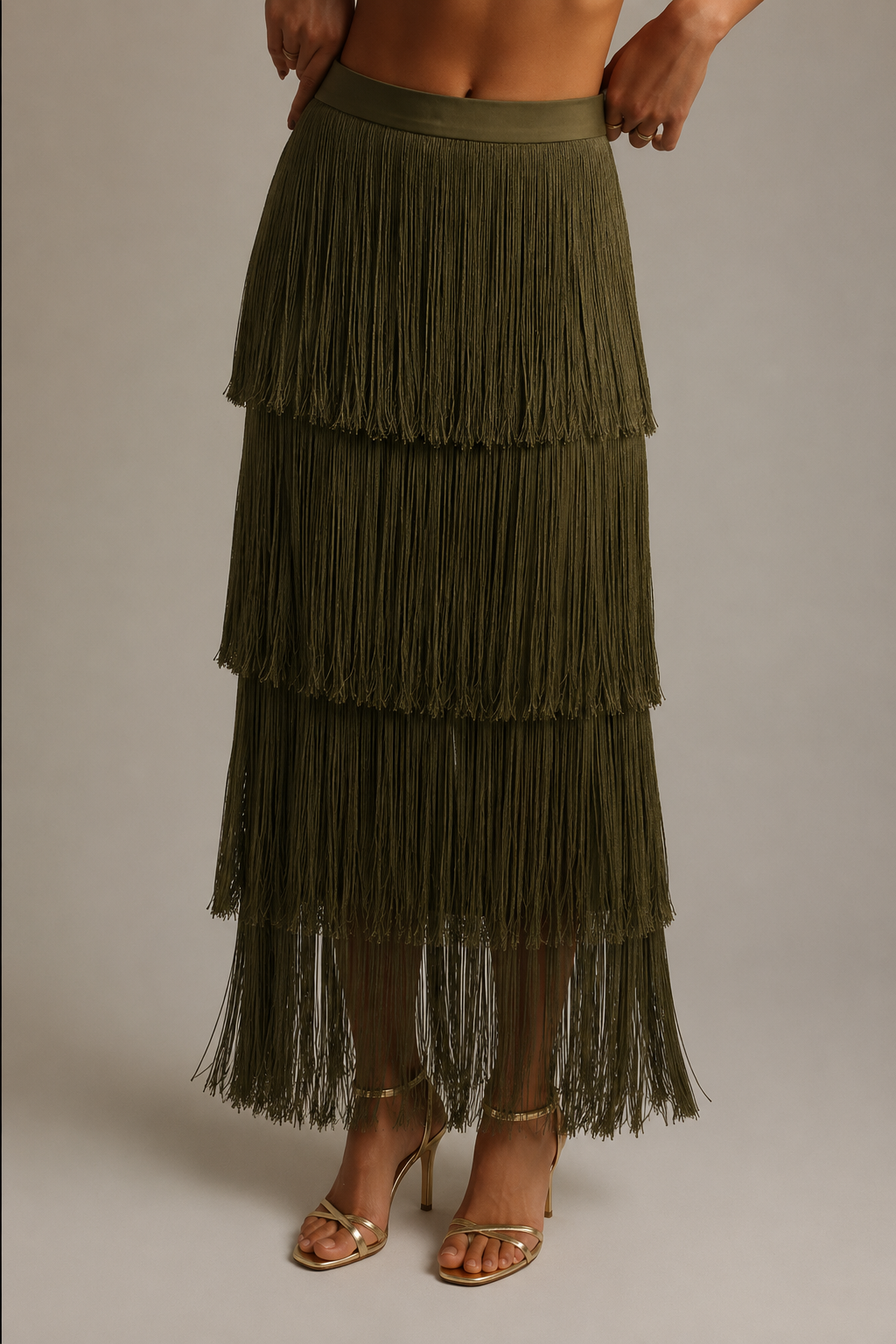 Petite Ženska Elegantna Midi Suknja sa Tiered Fringes u Maslinastoj Zelenoj Boji