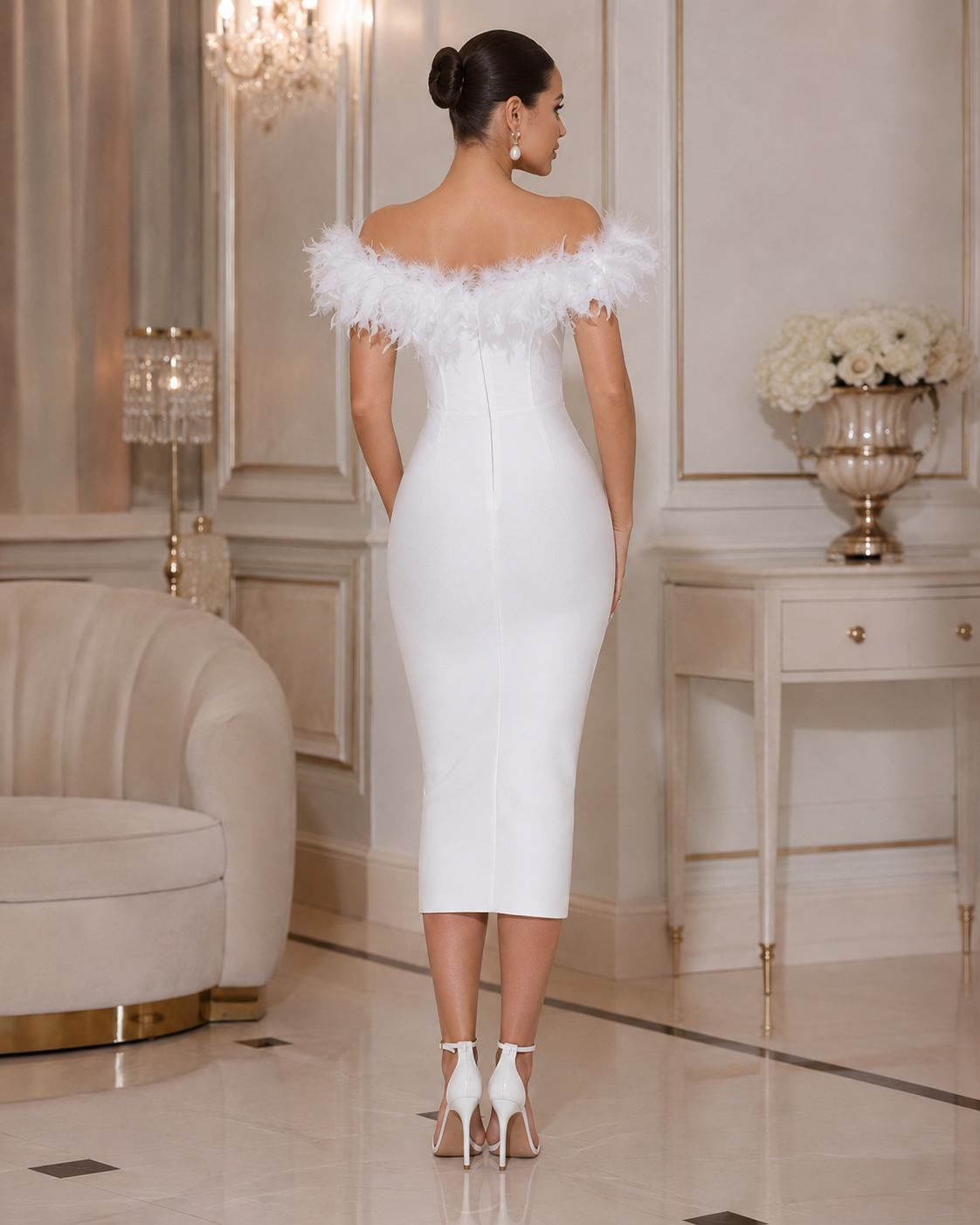 Seksi ženska haljina srednje duljine s umjetnim perjem, V-izrezom, otvorenim ramenima i leđima, elegantna formalna haljina za banket i zabave, bijela, ljetna