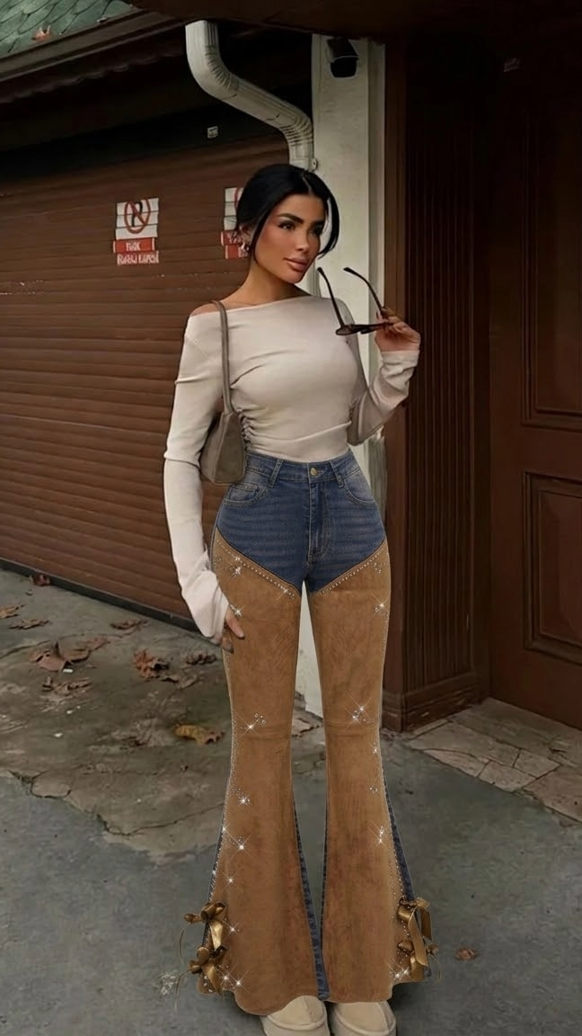 ROMWE Hipijevski Zapadni Cowboy Suede Patchwork Oštećeni Retro Ženski Flare Niske Struk Jeans