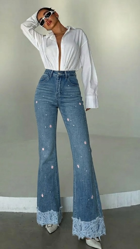 DAZY Ženske Slim Fit Seksi Bell Bottom Ležerna Pantalone sa Čipkastim Umetkom, Vezeni Cvjetni Dezen Cjelovite Dužine Farmerke