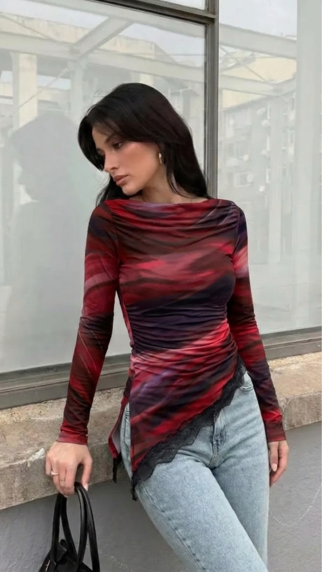EMERY ROSE Asimetrična Ružna Duga Rukava Majica u Marbling Ombre Printu za Proljeće