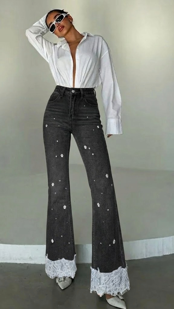 DAZY Ženske Slim Fit Seksi Bell Bottom Ležerna Pantalone sa Čipkastim Umetkom, Vezeni Cvjetni Dezen Cjelovite Dužine Farmerke