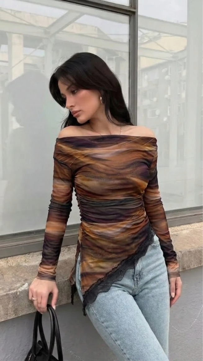 EMERY ROSE Asimetrična Ružna Duga Rukava Majica u Marbling Ombre Printu za Proljeće