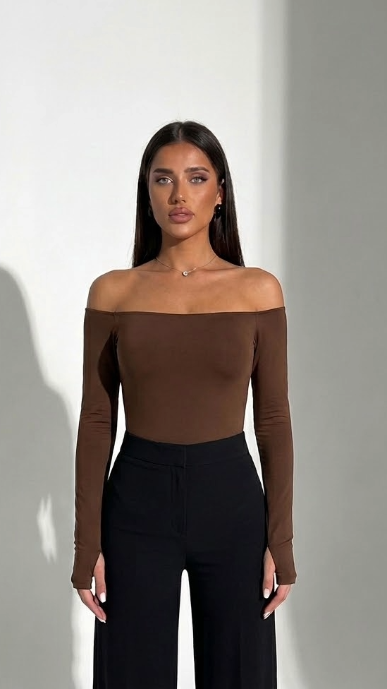ChicMe Ženski Off-Shoulder Fitted Kombinezon, Dug Rukav T-Košulja Sa Rupama Za Prste, Jednobojni Uređeni Osnovni Ulični Stil Za Kancelariju, Zabavu