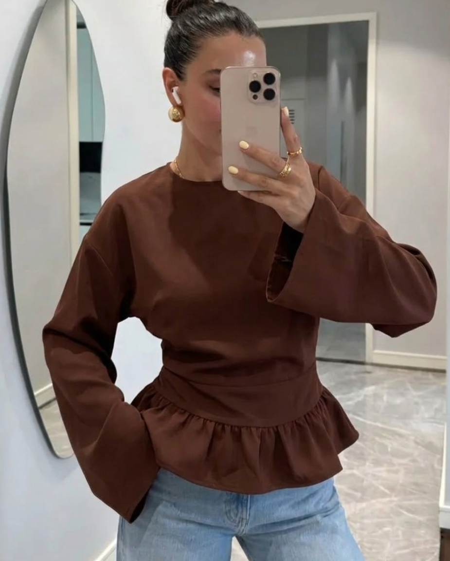 Siren Gaze Ruffled Drape Košulja Dugih Rukava, Bijela Košulja, Crew Neck Pulover Košulja Peplum Bluzica Ruffles Bluzica Kremasta Bluzica Skromna Bluzica Zimska Casual Proljeće