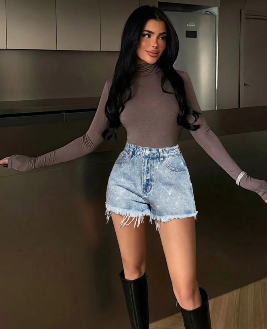 BAE Muzički Festival Plave Pamučne Šorcice sa Kristalićima & Šorcice za Muzički Festival & Ljetna Odjeća & Na Plaži za Žene